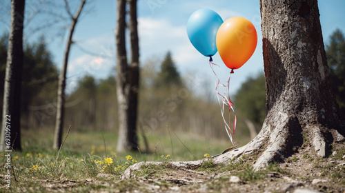 Party Balloons in Natural Woodland Environment. Springtime Celebration Concept. photo