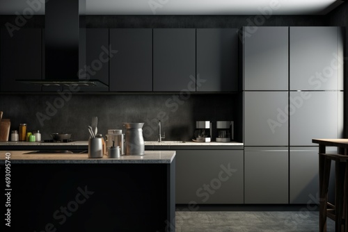 A sleek and modern, dark black kitchen exudes industrial edge and sophisticated style