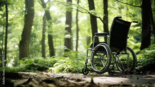 Accessibility Concept with Wheelchair in Natural Woodland Setting. photo