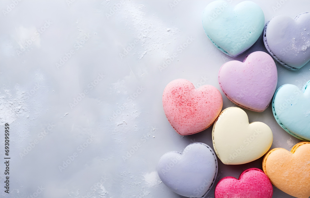 Obraz premium colorful pastel heart shape macaron cookies on grey snowy background top view