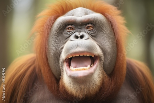 orangutan with expressive face in mid-yawn