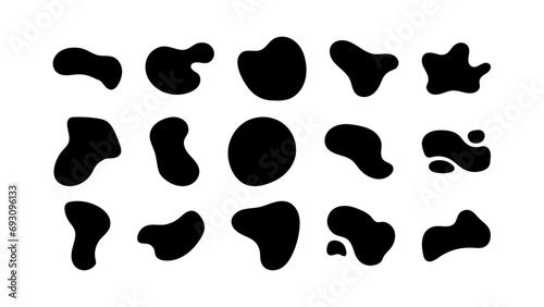 Abstract organic black fluid blobs and liquid shadows random shapes. Liquid shapes, round abstract elements. Simple blotch water forms. Vector illustration on white bg. photo