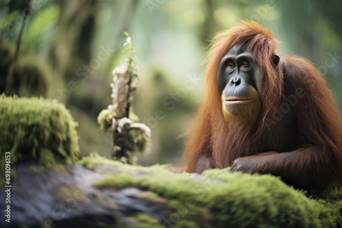 adult orangutan watching over foraging juveniles