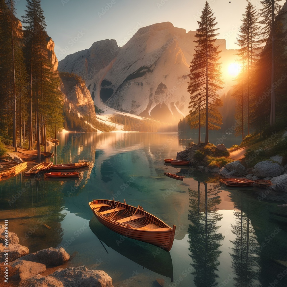 Fototapeta premium A boat sailing on a lake.