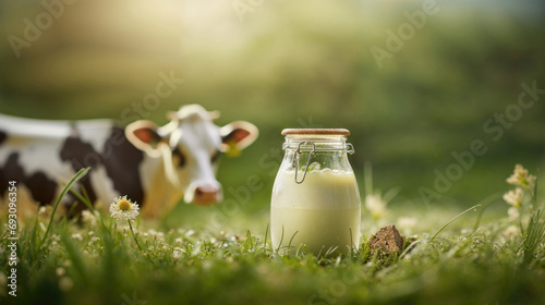 Dairy Farming Concept with Milk and Cattle. Springtime Health Concept Image. photo