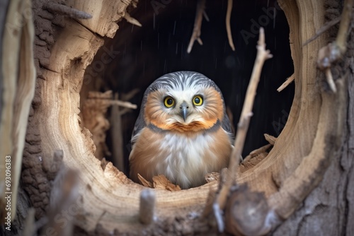 northern saw-whet owl in cedar hideout photo