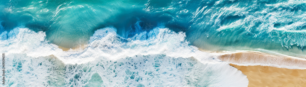 An aerial view of seascape. Top down.Ocean wave on coastline. Panoramic turquoise wallpaper.  Generative ai