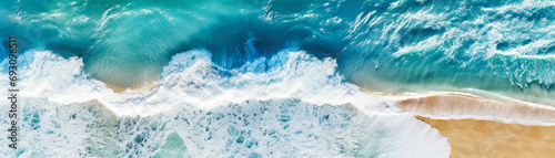 An aerial view of seascape. Top down.Ocean wave on coastline. Panoramic turquoise wallpaper.  Generative ai