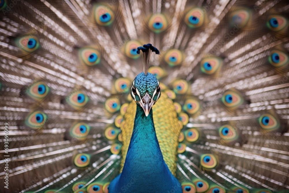 Fototapeta premium peacock with feathers in full display from a low angle view