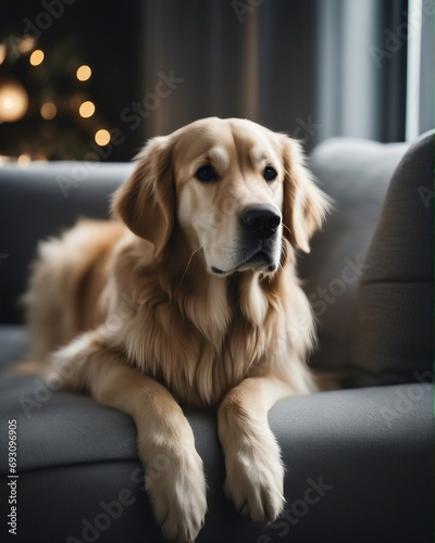 portrait of a golden retriever sitting on a cosy and comfortable grey sofa 