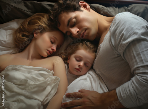 Family bliss captured as a couple and their child share a peaceful moment, sleeping together serenely