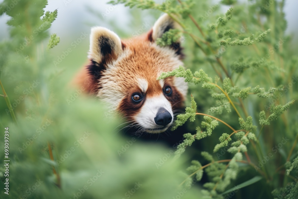 Fototapeta premium red panda peering from behind foliage