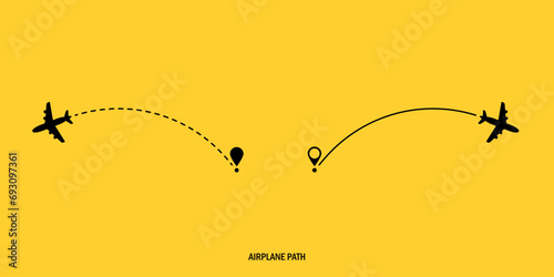 Two airplane route plane path. Travel concept. Aircraft tracking. Vector illustration on a isolated yellow background.