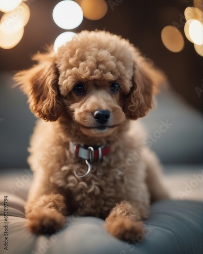 portrait of a toy poodle sitting on a cosy and comfortable grey sofa   © abu