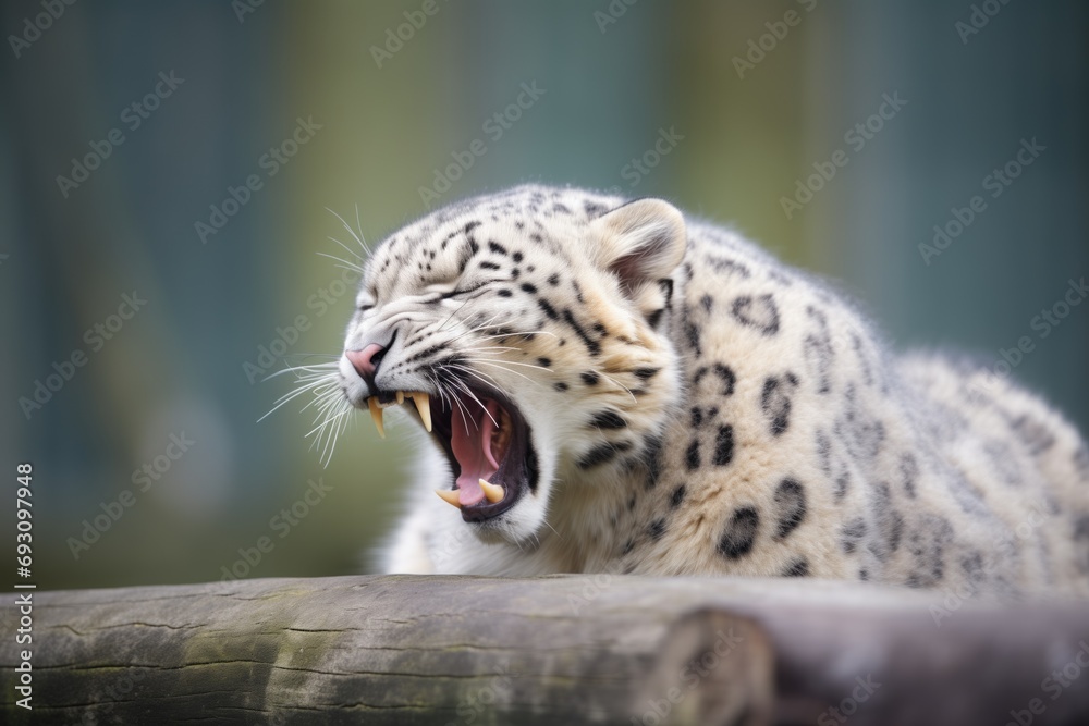 Obraz premium snow leopard yawning, showing teeth