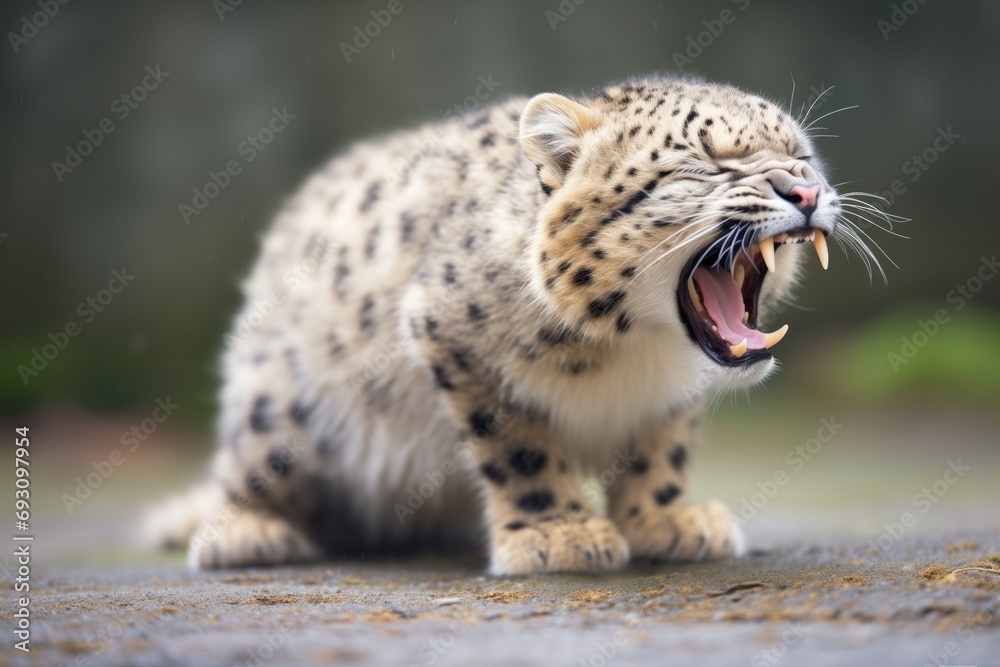 Fototapeta premium snow leopard yawning, showing teeth