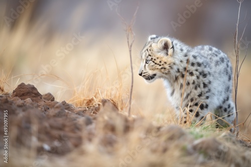 snow leopard stalking in early morning light photo