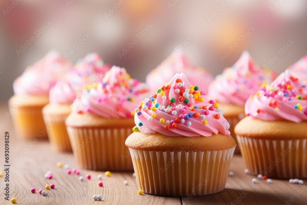 tasty birthday cupcakes with sprinkles on wooden talbe