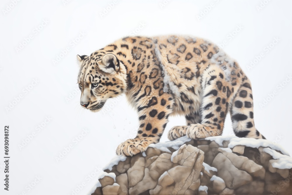 snow leopard crouching on a snowy ridge snow leopard crouching on a snowy ridge