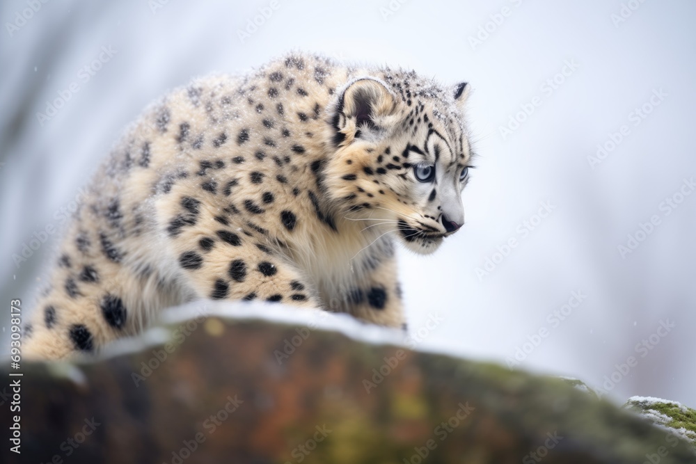 snow leopard crouching on a snowy ridge snow leopard crouching on a snowy ridge