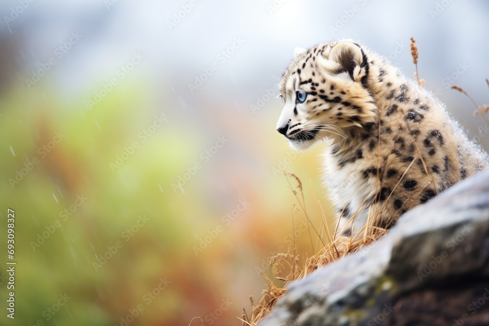 Obraz premium solitary snow leopard surveying territory from a cliff