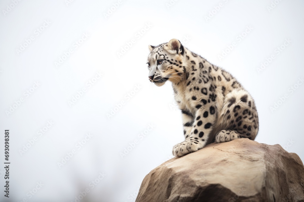 lone snow leopard sitting atop a boulder lone snow leopard sitting atop a boulder