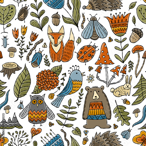 Woodland seamless pattern background. Forest animals in cartoon style. Ideas ...