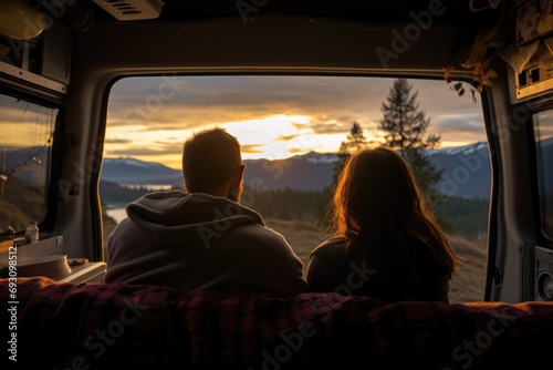 a couple inside a camper van sleeping with views of nature 