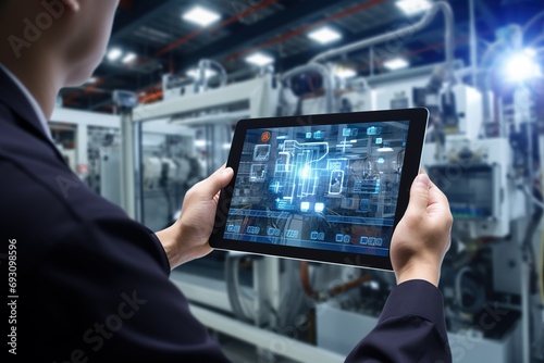 Person holding digital tablet in front of industry machine.