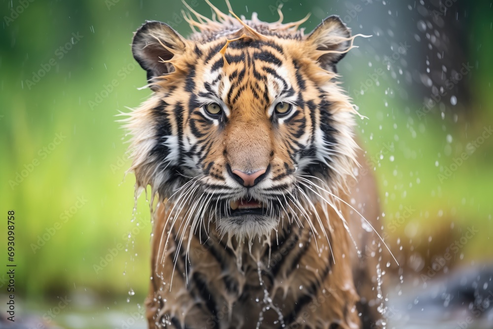 Obraz premium sumatran tiger with fur wet from rain, shaking off water