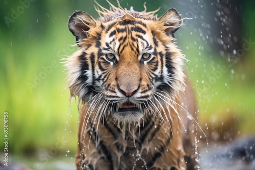 sumatran tiger with fur wet from rain  shaking off water