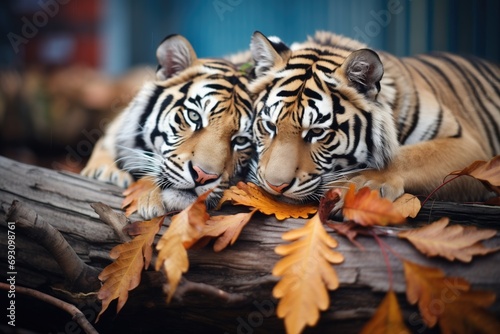 a pair of tigers nestled together during rest
