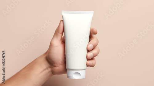 Female hand holds cosmetic cream, white plastic tube mockup front view.