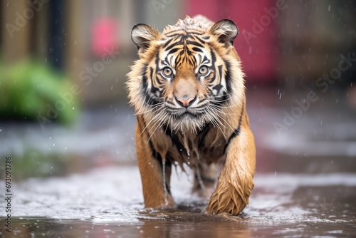 sumatran tiger with fur wet from rain  shaking off water