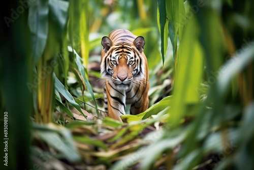 sumatran tiger walking through dense forest foliage