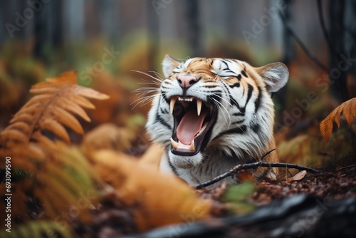 yawning tiger showing teeth in forest clearing