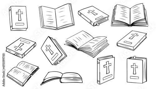 Christian Holy Bible Book. Vector illustrations depict a set of Holy Bible books that open, close, showing cover. Religious Text Containing Stories And Prophecies. photo