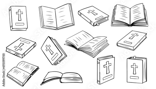 Christian Holy Bible Book. Vector illustrations depict a set of Holy Bible books that open, close, showing cover. Religious Text Containing Stories And Prophecies.