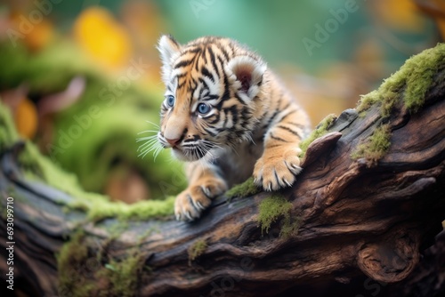 tiger cub climbing over tree roots in discovery