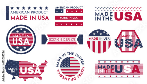 Made in USA badges. Patriot proud label stamp, American flag. Made in the usa labels set, american product emblem