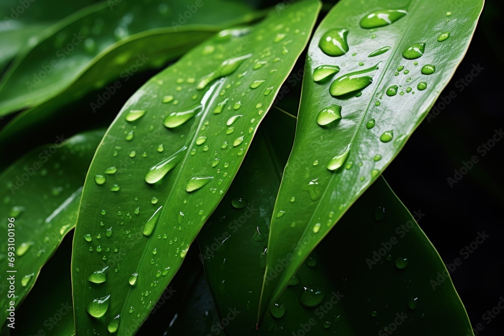 Green leaves of plants with rainwater drops, Generative AI Green leaves of plants with rainwater drops, Generative AI