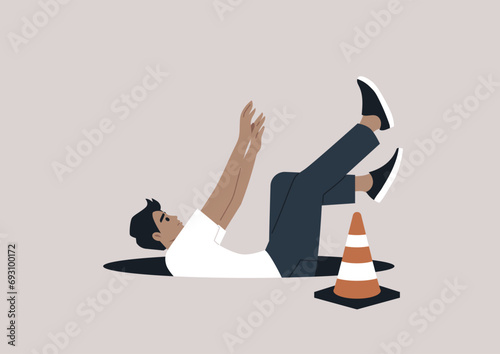 A young character disregarding an orange cone and falling into an open manhole, a cautionary image about ignoring warning signs