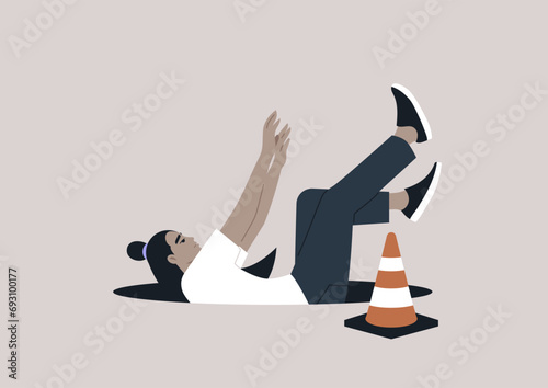 A young character disregarding an orange cone and falling into an open manhole, a cautionary image about ignoring warning signs