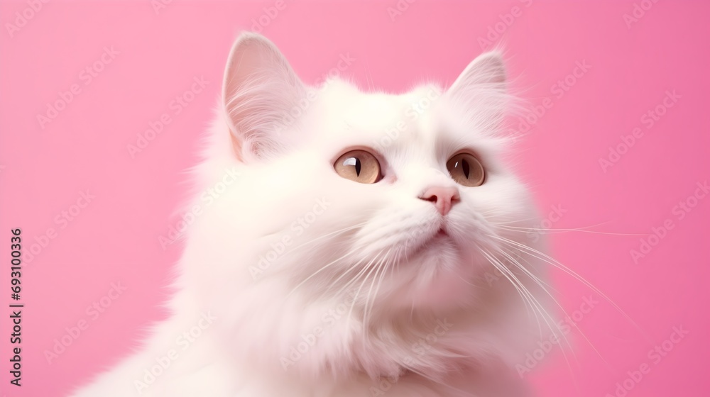 White persian cat with blue eyes on a pink background.