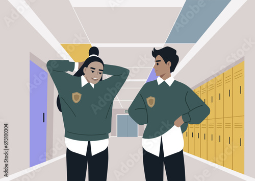 A shy student flirting with their crush during the break, both wearing university uniforms, in a school corridor lined with lockers and doorways leading to classrooms
