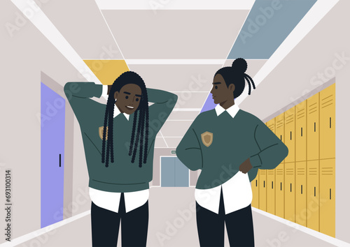 A shy student flirting with their crush during the break, both wearing university uniforms, in a school corridor lined with lockers and doorways leading to classrooms