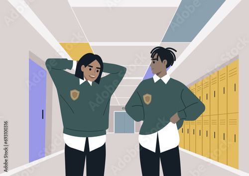A shy student flirting with their crush during the break, both wearing university uniforms, in a school corridor lined with lockers and doorways leading to classrooms