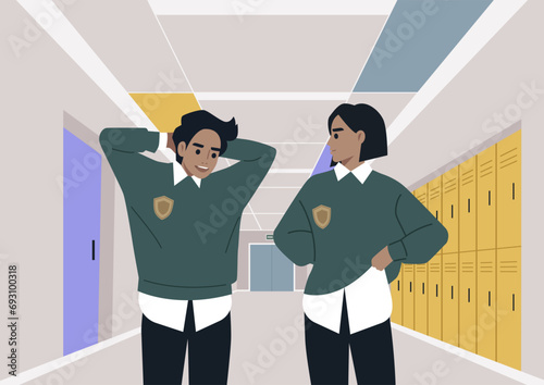 A shy student flirting with their crush during the break, both wearing university uniforms, in a school corridor lined with lockers and doorways leading to classrooms