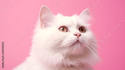 White persian cat with blue eyes on a pink background.