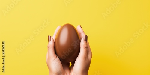 Hands holding chocolate Easter egg isolated on yellow background with copy space Generative AI photo